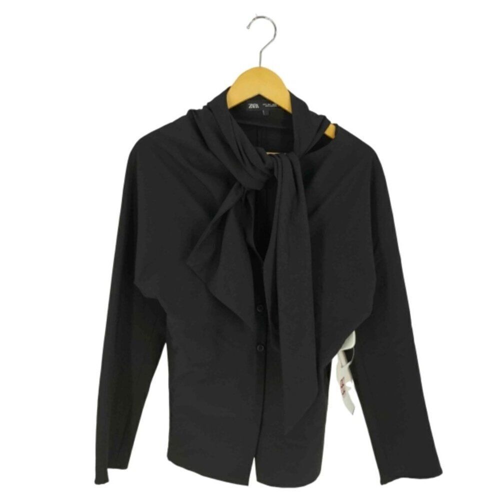 Zara Womens Blouse Medium M Poplin Black Bow Long Sleeve 9024/431 NWT